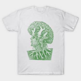 Forest God Soul Expression with Side Profile of a Man and His Head with Leafy Tree Branches Hand Drawn Illustration with Pen and Ink Cross Hatching Technique 4 T-Shirt